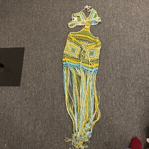 boho-style crochet bikini swimsuit cover-up blue rave yellow green size small